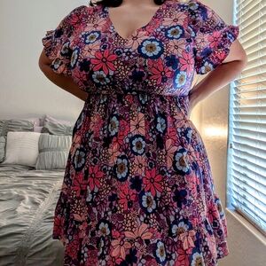 {SOLD} Floral V-Neck Dress in Pink and Blue